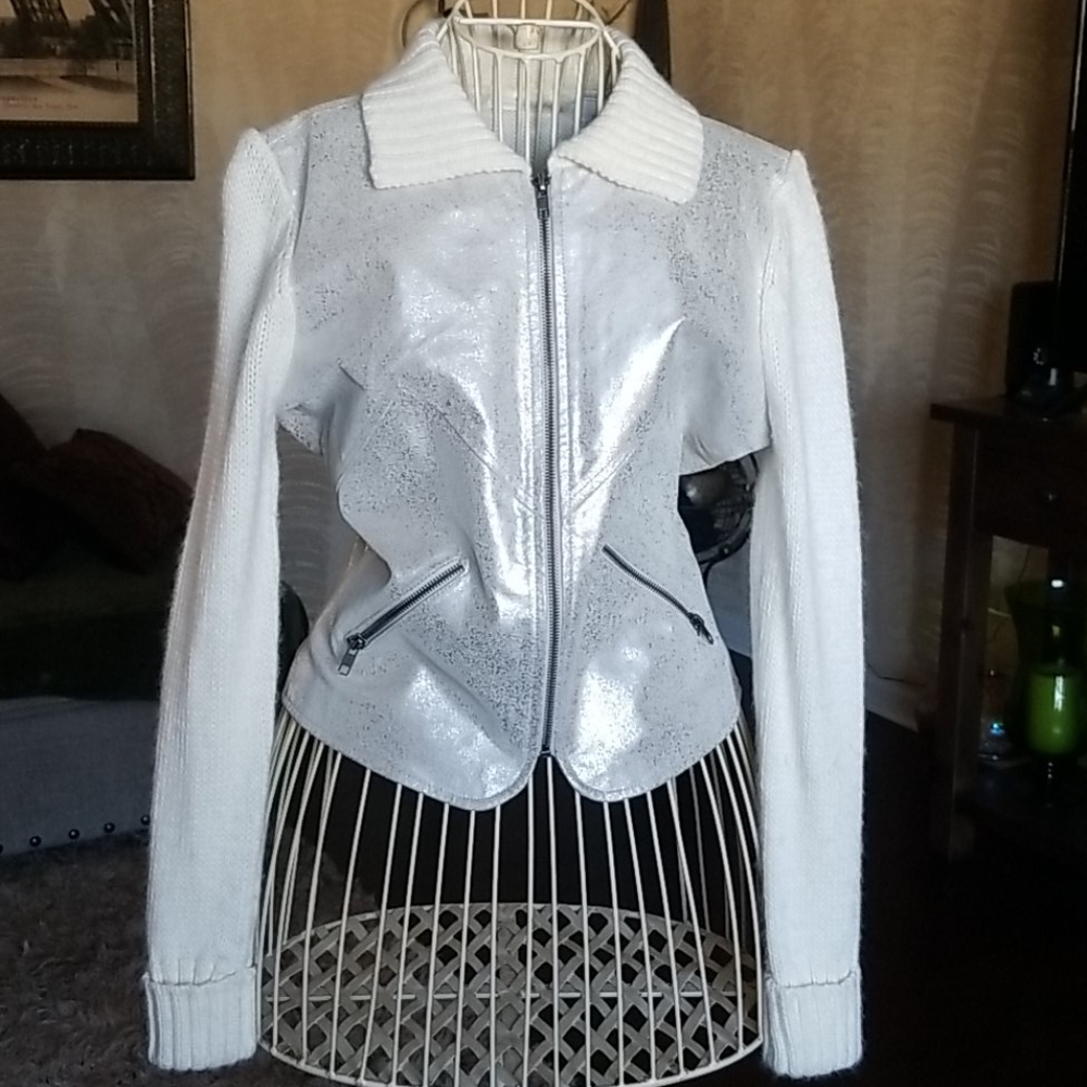 Phosphorus leather jacket with sweater arms